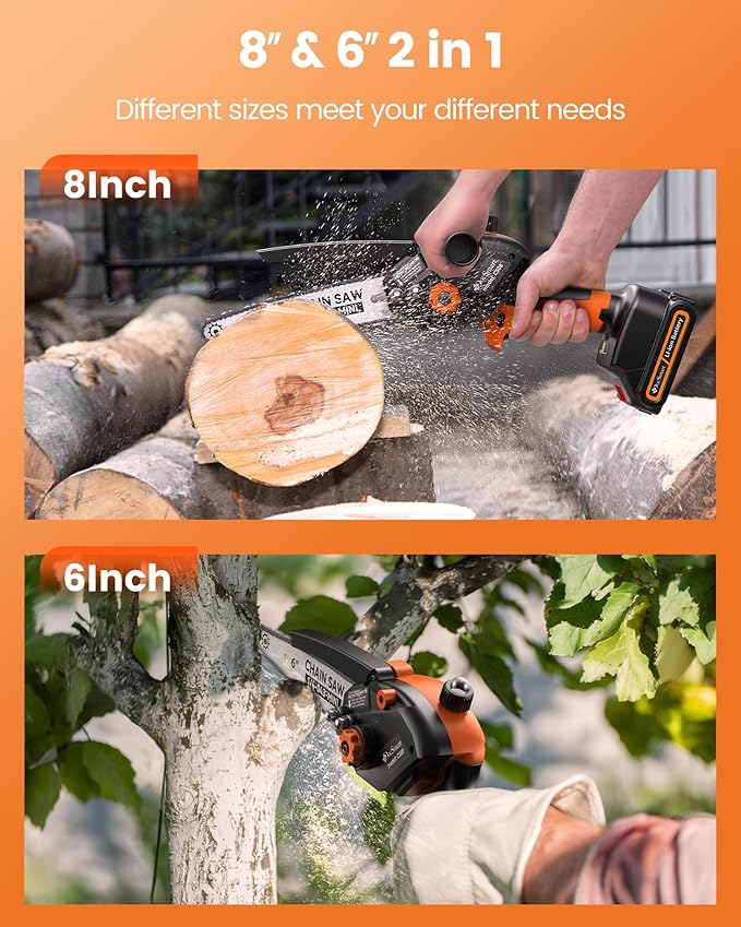 Electric Mini Chainsaw for Pruning Small Trees, Brushless 8 inch & 6 inch Portable Hand Saw with 2 Rechargeable Batteries, 1000W Handheld Chain Saw for Wood Cutting, Gardening Gifts for Mother’s Day