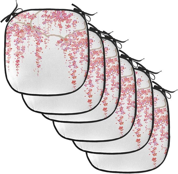 Lunarable Flower Chair Cushion Pads Set of 6, Cherry Blossom Trees Branch Springtime Happy Vacation Traveling Destinations, Anti-Slip Seat Padding for Kitchen & Patio, 16"x16", Pink Cocoa Purple