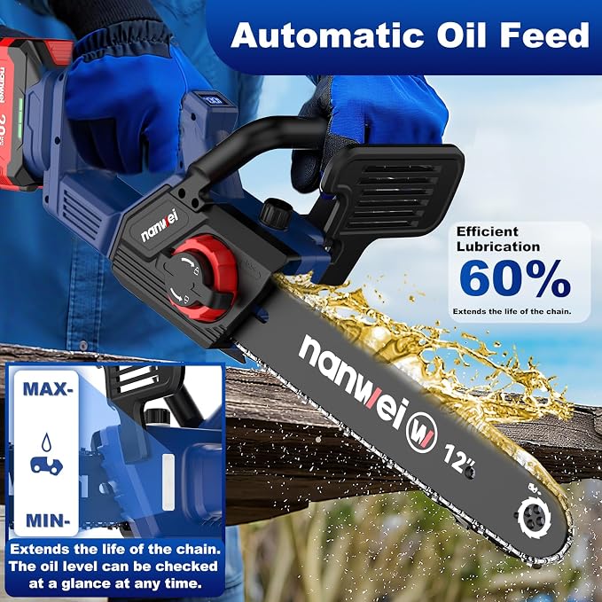NANWEI 12 Inch Chainsaw Cordless, 20V Brushless Motor, 2x4.0Ah Batteries and Charger, Auto Oiling, Tool-Less Adjustment, Lightweight Electric Chainsaw for Tree Pruning, Branch Cutting, Extra Chain