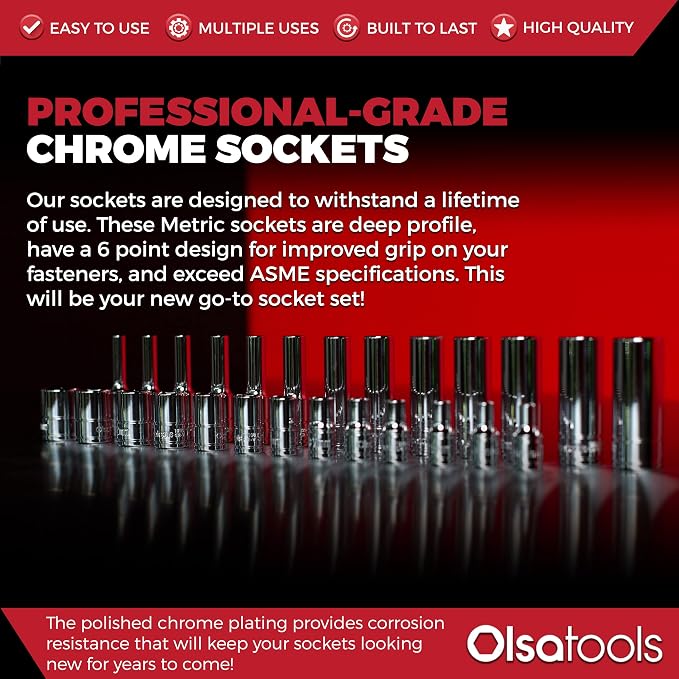 Olsa Tools 1/4-Inch Drive SAE Deep Socket Set - 14pc | 6-Point Chrome Vanadium Sockets, 4mm–15mm, No Skipped Sizes - Professional-Grade SAE Socket Sets - Part: 1327