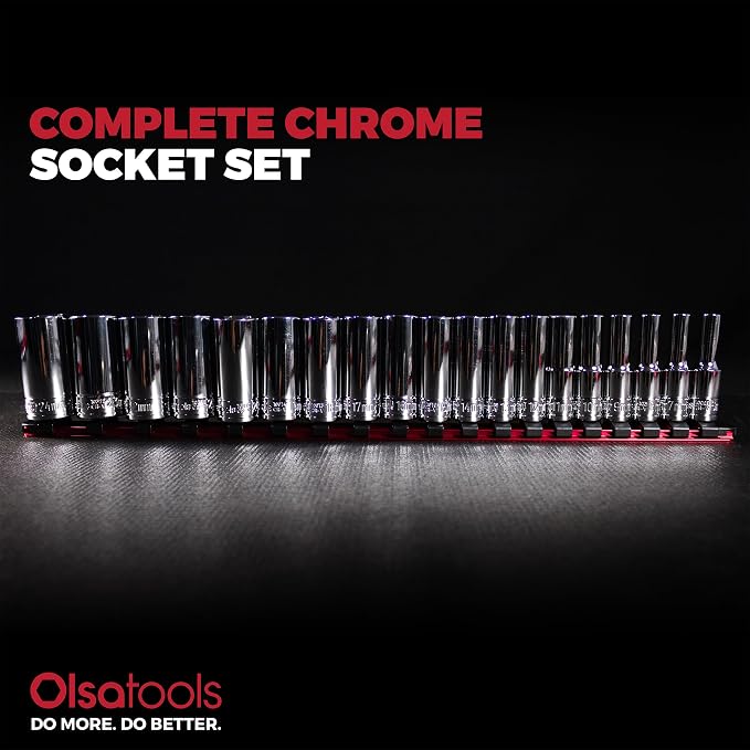 Olsa Tools 3/8-Inch Drive SAE Deep Socket Set - 19pc | 6-Point Chrome Vanadium Sockets, 6 mm to 24 mm, No Skipped Sizes - Professional-Grade SAE Socket Sets - Part: 1809