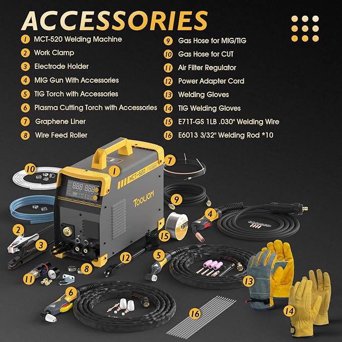 TOOLIOM MIG/TIG/CUT/Stick/Flux MIG/Spool Gun Welder 6 in 1 Multiprocess Welding Machine 110/220V Dual Voltage Aluminum Welding Machine Spool Gun Compatible