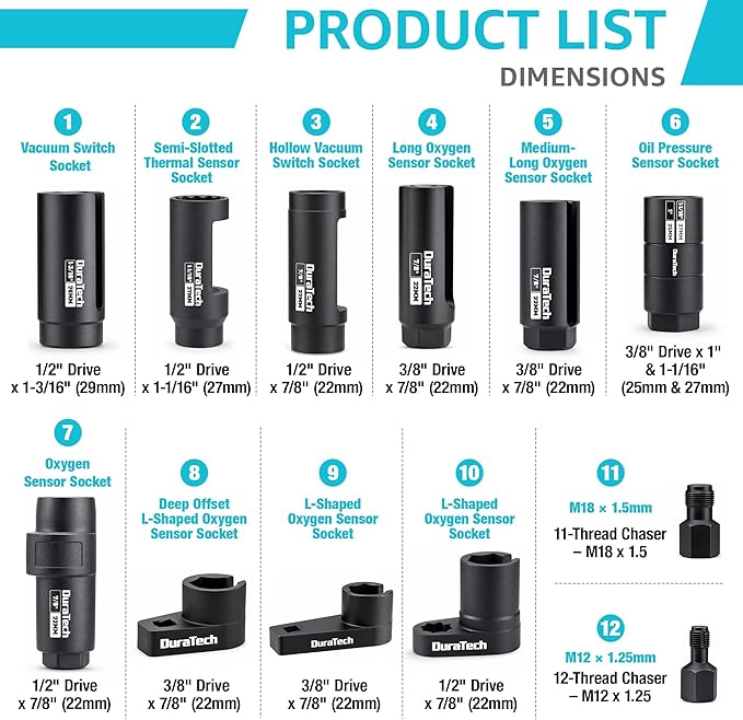DuraTech 12-Piece Oxygen Sensor Socket Set, O2 Sensor Removal Tool Kit with with 22mm, 27mm, 29mm, 7/8" and 1-1/16" Sockets, 3/8" & 1/2" Drive, Thread Chasers, O2 Sensor Socket Set with Storage Case