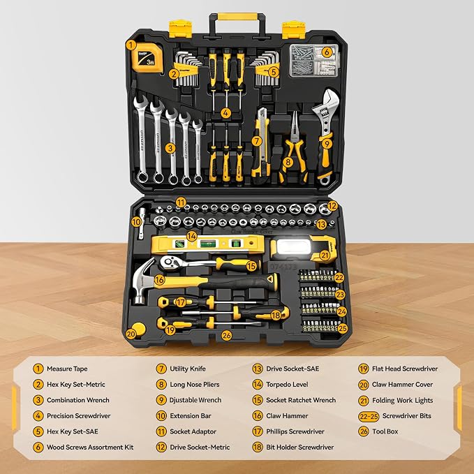 GRENPRO 219PCS Basic Home Auto Mechanic Hand Tool Kit with Storage Tool Box | Portable Tool Box, CR-V Steel, Complete Kit, Anti-Drop Slots, Household DIY, Auto Motorcycle, Home Garage For Men & Women