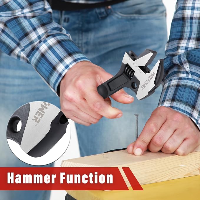 MAXPOWER 16-inch Adjustable Construction Spud Wrench, 4 in 1 Multifunctional Use for Adjustable Wrench and Hammer, Max Jaw Capacity up to 1.57"