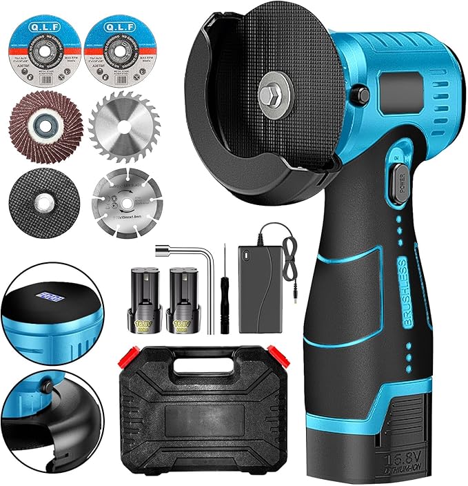 ZFULVO Brushless Cordless Angle Grinder Kit, 19500rpm Mini Electric Angle Grinding Tool with 2x16.8V 2000mAh Battery and 6-Cutting Discs, Grinder Handheld Cutter for Metal Wood
