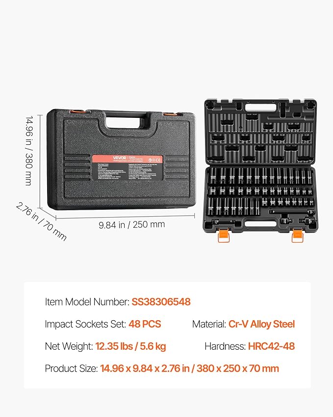 VEVOR Impact Socket Set, 3/8" Drive, 48-Piece Socket Set, 6-Point Sockets, SAE 5/16"-3/4" and Metric 8-19 mm, 21-22 mm, Easy to Identify, Cr-V Alloy Steel, Extension Bar, Adapter and Storage Cage | SAE (5/16" to 3/4") & Metric (8-22 mm), 6 Point, CR-V,...
