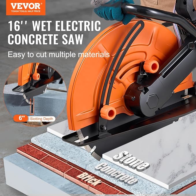 VEVOR Electric Concrete Saw, 16 in, 3200 W Motor Circular Saw Cutter | Max. 6 in Adjustable Cutting Depth, Wet Disk Cutter, Includes Water Line, Pump and Blade, For Stone, Brick
