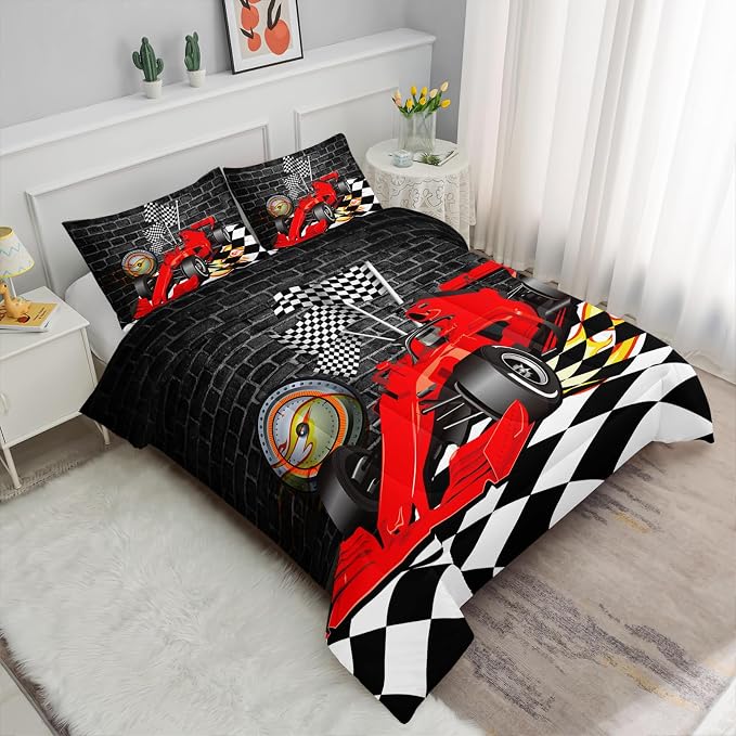 Axolotl Race Car Comforter Set King Size,Extreme Sports Bedding for Boys Teens Kids Girls Room Decor,Car Racing Bedding,Cool Speed Cars Quilt Bed Set with 1 Comforter 2 Pillowcases,Black Red