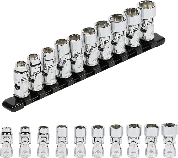 ARES 39015 10-Piece 3/8-Inch Drive Metric Universal Flex Socket Set | 6-Point Sockets from 10mm to 19mm; Universal Joint Flex Design For 360 Degree Access