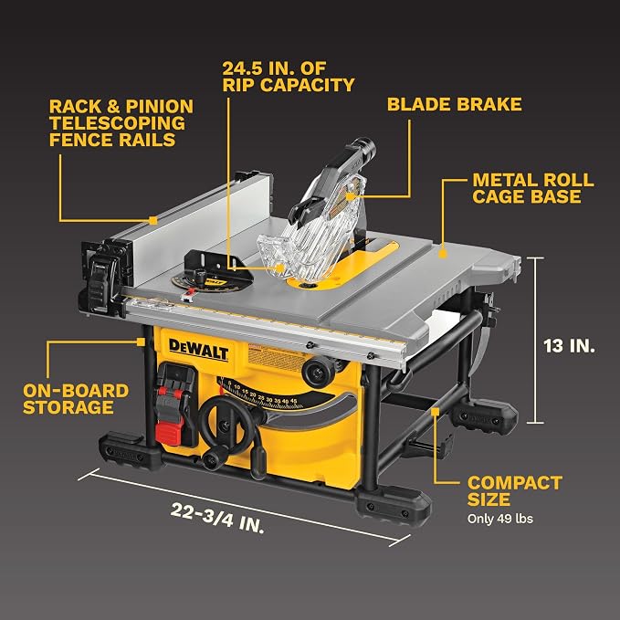 DEWALT Table Saw for Jobsite, Compact, 8-1/4-Inch with Table Saw Stand, Mobile/Rolling (DWE7485 & DW7440RS)