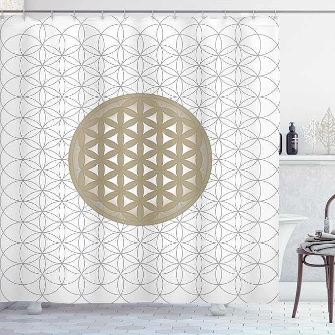 Ambesonne Geometry Shower Curtain, Interlace Circles of Time and Space Theme Vortex Natural Geometry Myth Form, Cloth Fabric Bathroom Decor Set with Hooks, 69" W x 84" L, Pale Khaki