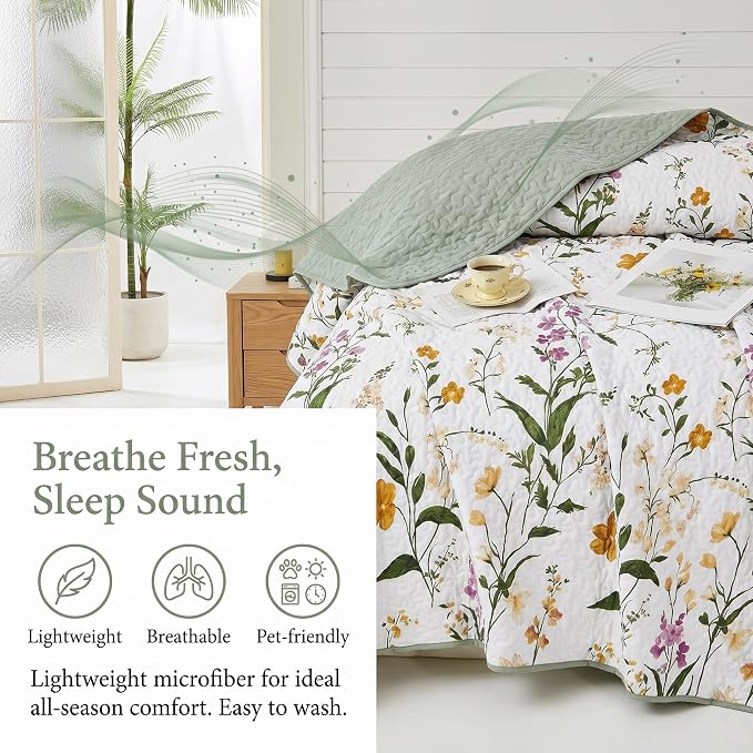 Boho Floral Quilt Set King Size, Lightweight Microfiber Bedspread Coverlet, Soft All Season Bedding with 2 Pillow Shams, Vintage Botanical Pattern (New-Orange Flowers, Queen) | Breathable