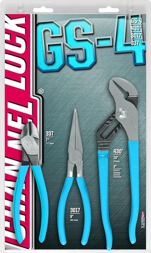 Channellock GS-4 Plier Set with Tongue and Groove, Diagonal, and Long Nose Pliers, 3-Piece