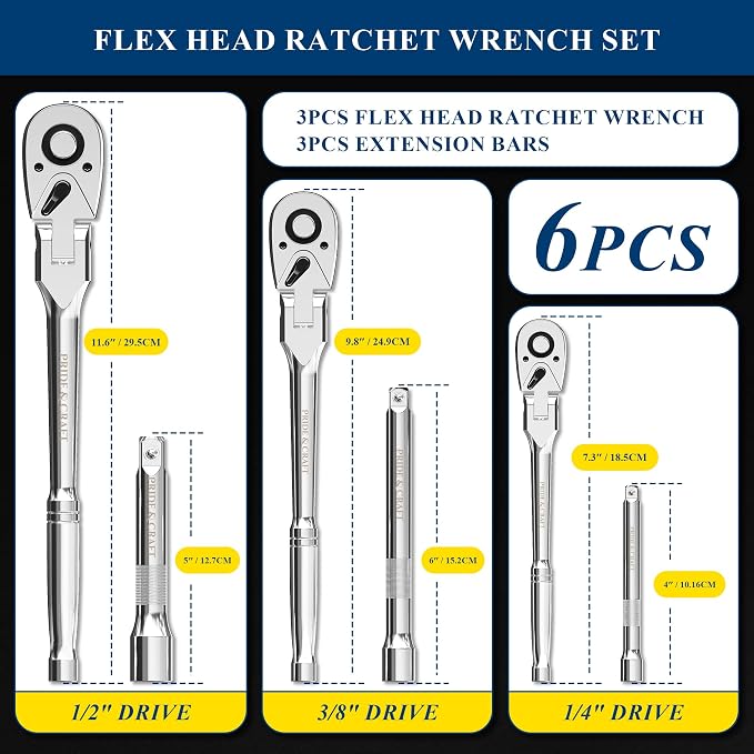 PRIDE&CRAFT 6-Piece Flex Head Ratchet Set, 1/4", 3/8", 1/2" Drive 72-Tooth Swivel Head Ratchet Wrench with Extension Bars, Quick Release Reversible Socket Wrench, EVA Organizer