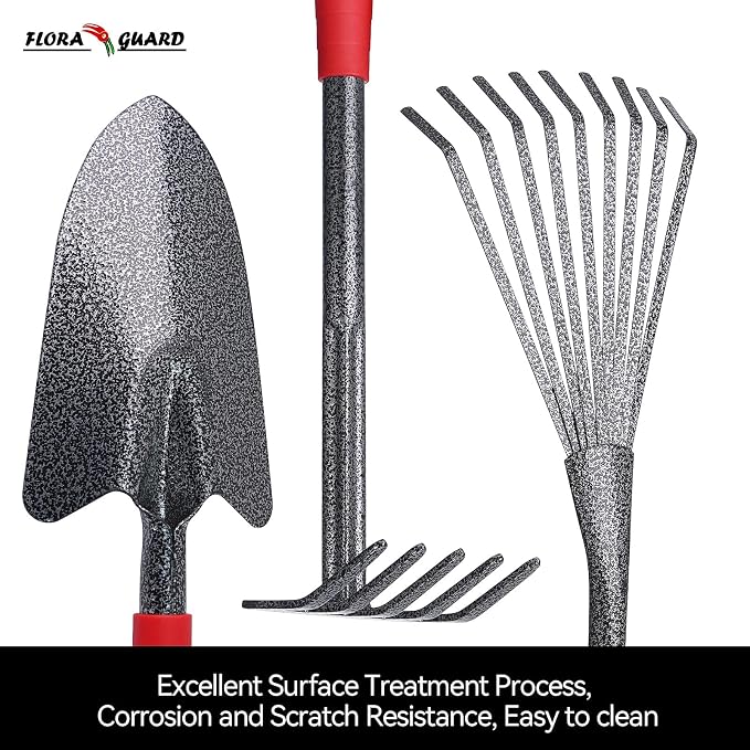 FLORA GUARD 6-Piece Garden Tool Set, Heavy Duty Gardening Hand Tools,Includes Trowel, Rake, 2-in-1 Hoe & Crack Weeder, Durable Yard Gardening Tools, Ideal Gardening Gift for Men & Women