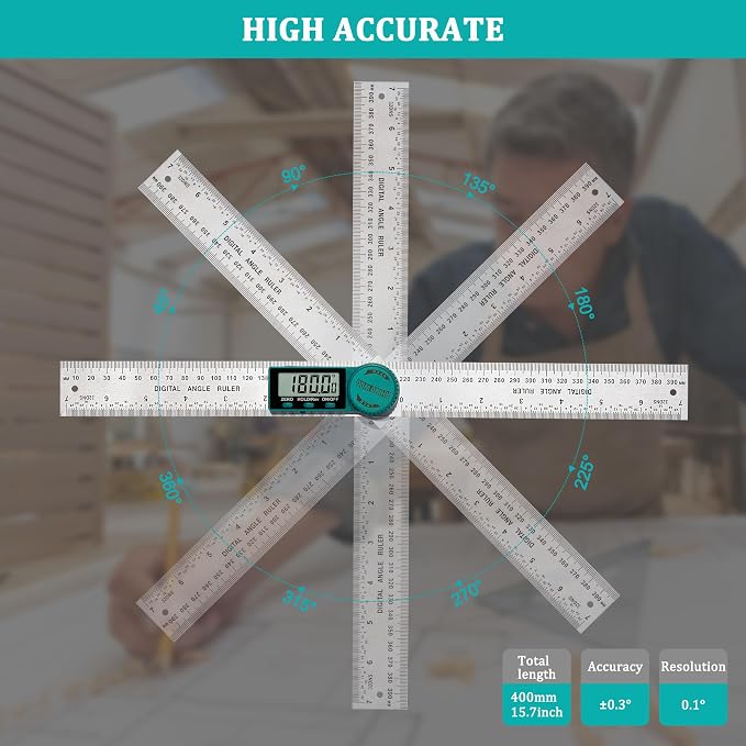 Digital Angle Finder Protractor, Angle Finder Ruler with 7inch/200mm, Angle Measuring Tool for Woodworking/Carpenter/Construction/DIY Measurement(2 Batteries Included) (Stainless Steel)