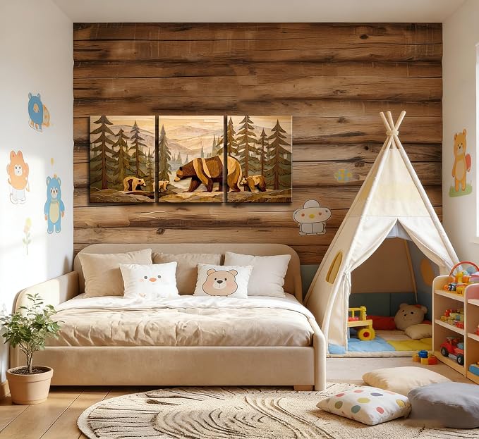 Frimeeme Framed Rustic Cabin Decor Bear Wall Art,Rustic Forest Bear Wall Art Woodland Theme Decor for Cabin, Farmhouse, Living Room, Bathroom, 12"x16" 3-Piece,Inch