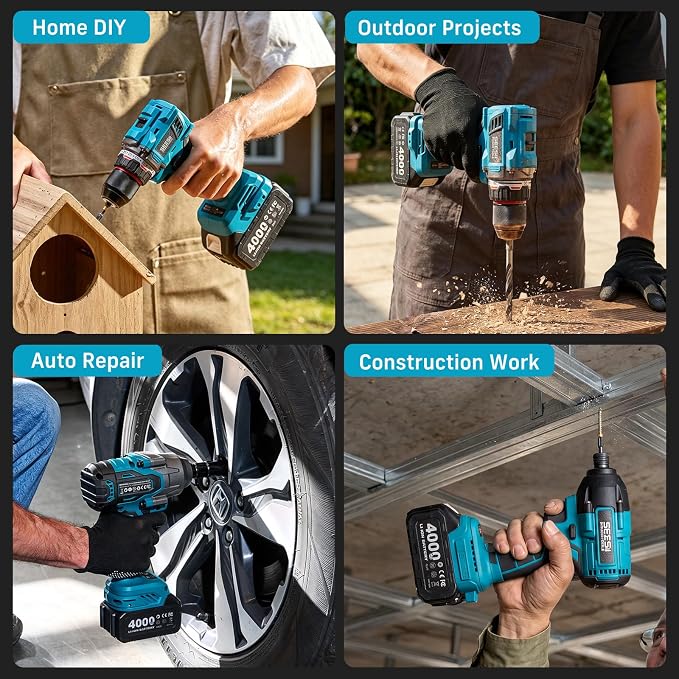 Seesii Impact Wrench Drill Driver,Power Tool Combo Kit For Car Home DIY | 1000N.m Impact Gun,1/4" 180N.m Impact Driver and 3/8" 50N.m Cordless Drill,2 * 4.0Ah Bartteris,Brushless,Fast Charger