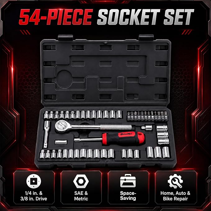 DuraMax Socket Set, 54-Piece Mechanic Tool Set with 1/4 & 3/8 Inch Drive SAE & Metric Sockets, Ratchet Wrench, Torx & Hex Bit Set, Extension Bar, Adapter and Storage Case