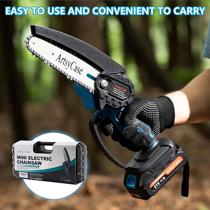 ArtsyCase Mini Chainsaw 6-inch Cordless, Portable chainsaws, Small Handheld Chain Saw for Tree Trimmer, Wood and Bamboo Cutting, Chain saws Gifts for Husband, Dad(2 Batteries+ 2 Chains+ 2 Bars)
