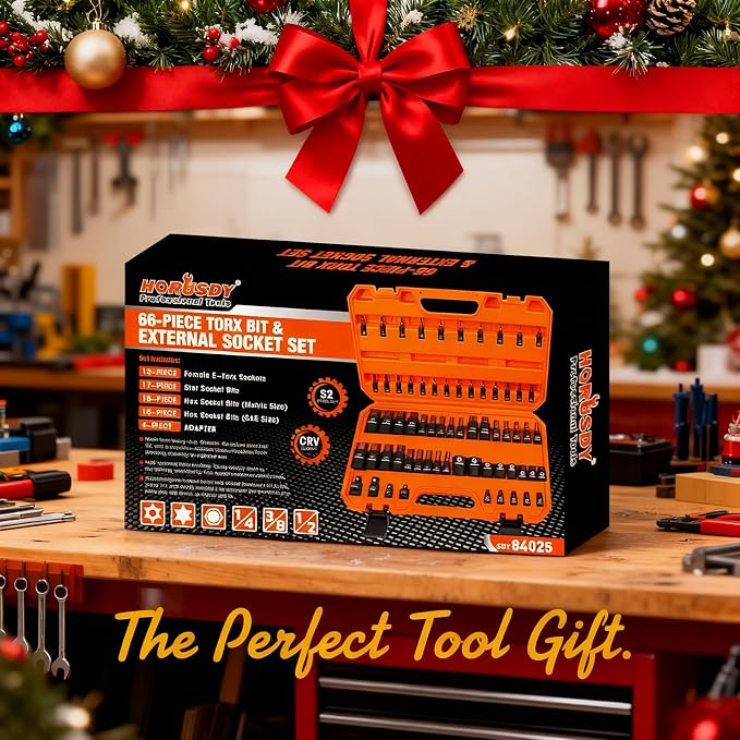 HORUSDY 66-Piece Allen Socket Set, Torx Bit & Female External Star Sockets | Durable S2 Steel SAE & Metric Kit for Automotive, Motorcycle & Home Repair | T8-T70, E4-E24 with 4 Impact Adapters