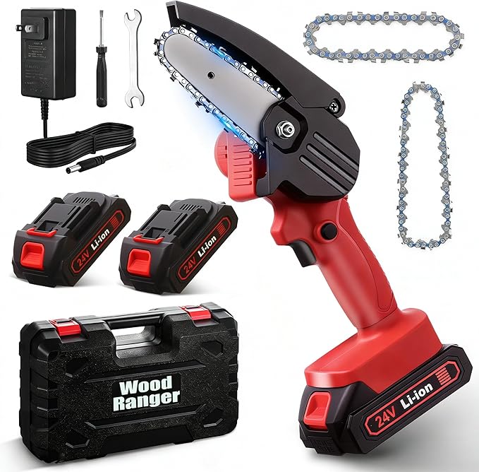 Wood Ranger Mini Chainsaw, Electric 4 inch MINI Chainsaw, Cordless Portable Electric Chain Saw for Yard, Home and Garden, Wood Cutting, Tree Trimming (2Battery&3Chain)
