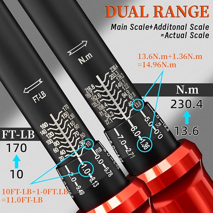 1/2-Inch Drive Torque Wrench 10-170ft.lb/13.6-230.5Nm, ±3% Precision Dual Direction Torque Wrenches with 72-Tooth Dual Range Scales