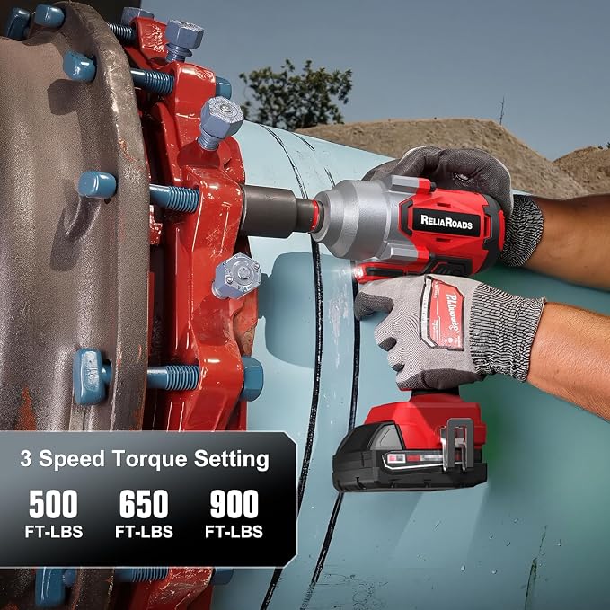 ReliaRoads 900 Ft-lbs Cordless Impact Wrench, 1/2 Inch Impact Gun Compatible MilWauke 18V Battery, Brushless Constant High Torque Impact Driver with 3 Speed, Tool Only (No Battery Included)