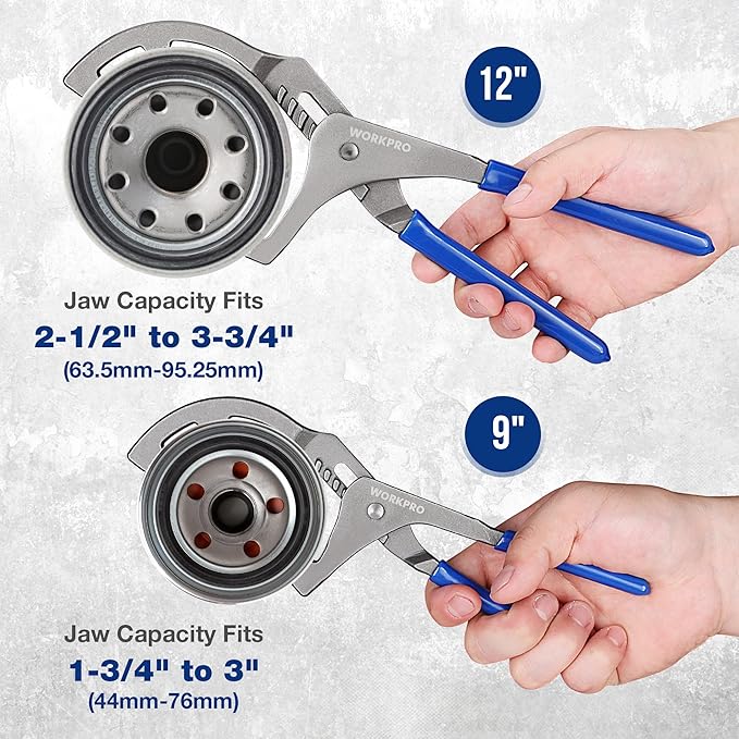 WORKPRO Oil Filter Wrench Set, 9" & 12" Adjustable Oil Filter Removal Pliers Tools, Ideal for Engine Filters, Cars, and Trucks, 2-piece