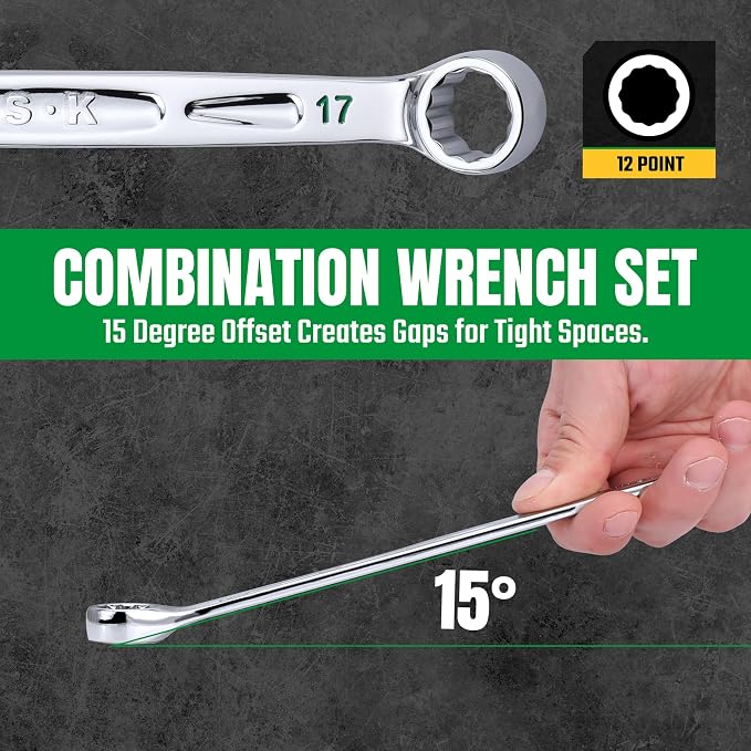 SK Combination Wrench Set, SAE & Metric, 16-Piece, Premium CR-V Steel | 12-Point, SureGrip Drive Design, 15-Degree Offset End, Drop Forged, SuperKrome Finish, with Rolling Pouch
