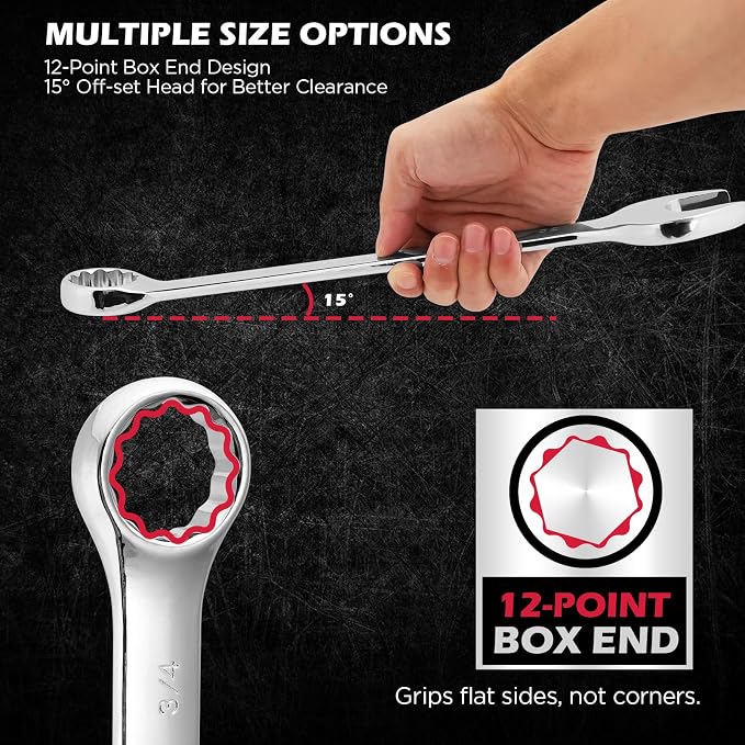 15-Piece SAE Combination Wrench Set, 1/4''–1'' 12-Point Open End and Box End Wrench Kit with Organizer, Chrome Vanadium Steel Tools for Mechanics, Garages and Workshops
