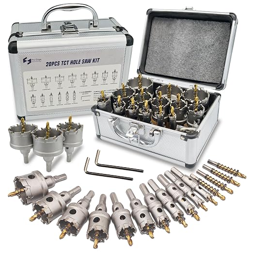 Pro Edge 20pcs Carbide Hole Saw Kit for Hard Metal, TCT 1/2"-2-1/4" Hole Cutter Set for Stainless Steel, Iron, Alloy, Aluminum, with Two Extra Titanium Plated Pilot Center Drill and Two L-Wrench