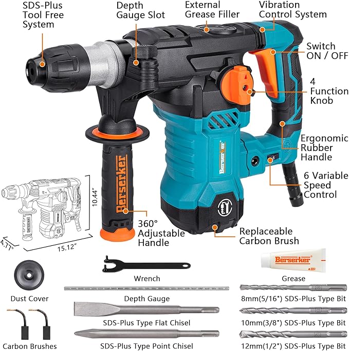 Berserker 1-1/4" SDS-Plus Heavy Duty Rotary Hammer Drill for Concrete 32MB | 1500W 12.5 Amp 4 Functions 12 lb. Corded Electric Variable-Speed Safety Clutch Vibration Control Demolition Rotomartillo