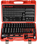 63-Piece 1/2" Drive Impact Socket Set, SAE (3/8 to 1 inch) and Metric (10-24mm) Socket Wrench Set with Extension Bars, Palm Ratchet Kit, CR-V Steel for Auto/Industrial Repairs