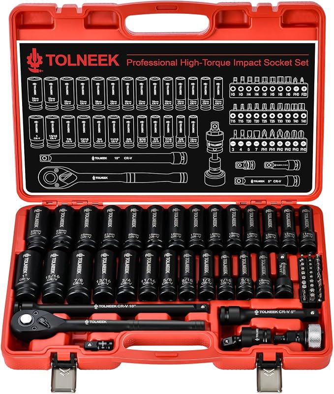 63-Piece 1/2" Drive Impact Socket Set, SAE (3/8 to 1 inch) and Metric (10-24mm) Socket Wrench Set with Extension Bars, Palm Ratchet Kit, CR-V Steel for Auto/Industrial Repairs