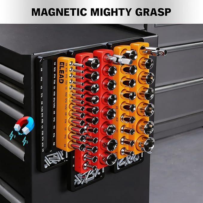 ELEAD Magnetic Socket Holder Organizer Set - 6-Piece Durable 1/2, 1/4, 3/8 Inch Drive Holder, Tool Box Storage Tray for Wrench, Screwdriver, Mechanic Tools, Portable Toolbox Accessory