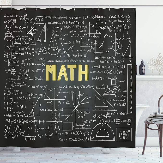 Mathematics Classroom Shower Curtain by Ambesonne, Dark Blackboard Backdrop with Math Equations Geometry Axis Art, Fabric Bathroom Decor Set with Hooks, 84 Inches Extra Long, Army Green Yellow