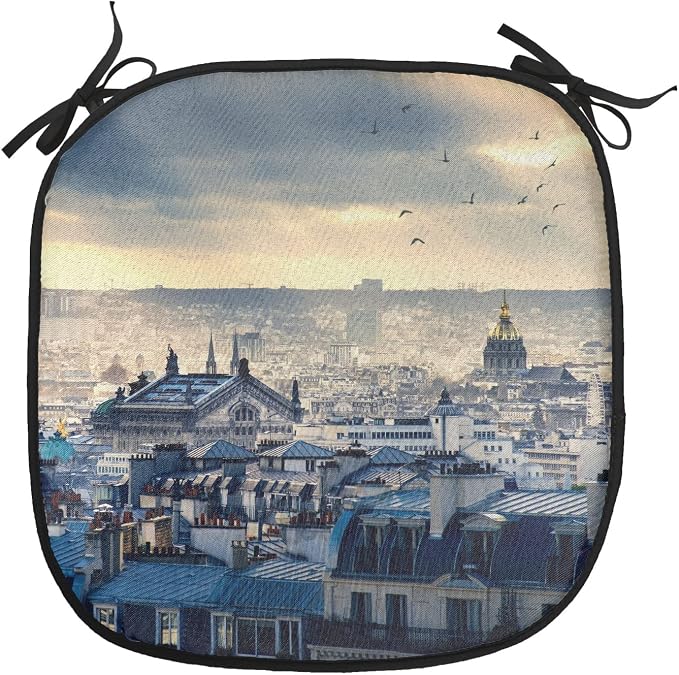 Lunarable Paris Chair Cushion Pads Set of 2, Paris Cityscape from Montmartre Rooftops Flying Bird Pigeons Foggy Sunrise, Anti-Slip Seat Padding for Kitchen & Patio, 16"x16", Dark Blue Yellow