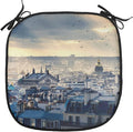 Lunarable Paris Chair Cushion Pad, Paris Cityscape from Montmartre Rooftops Flying Bird Pigeons Foggy Sunrise, Seat Padding for Kitchen & Patio with Anti-Slip Backing, 16"x16", Dark Blue Yellow