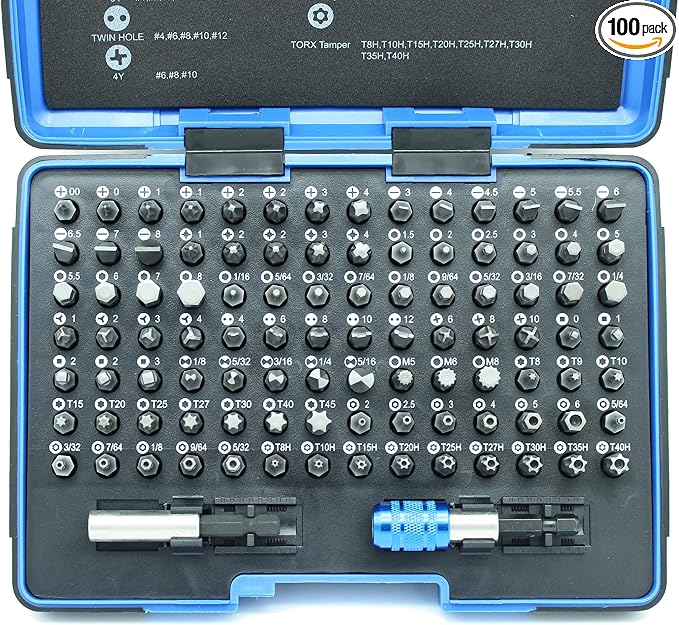 TEMO 100 Piece Impact Ready Security Bits Screwdriver Set Kit with 2 Quick Chucks and Phillips, Torx, Slotted Flat, Pozi, Hex, Tri-Wing Pozi Clutch, Spline, Square, Spanner, TORQ-Set, Torx Tamper Bits