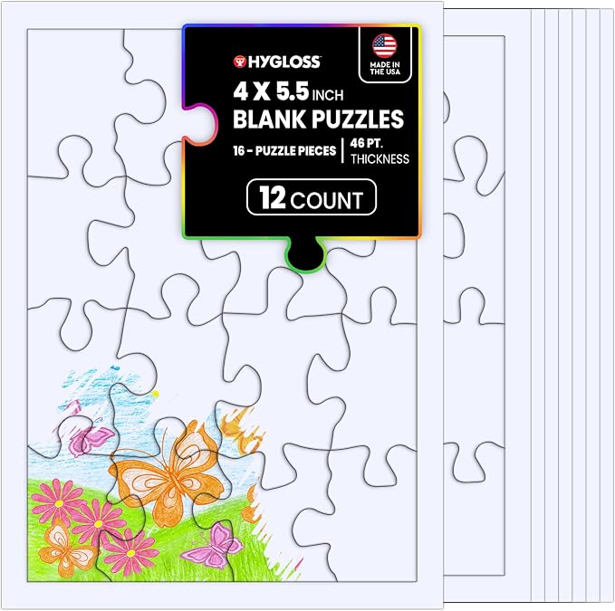 Hygloss 12 Blank Jigsaw Puzzles – 4 x 5.5 Inch, 16 Pieces Each – DYI party invites, Perfect for Decorating, Kids' Activities, Arts & Crafts or Party Favors - Puzzle Pieces to Draw On for Crafts