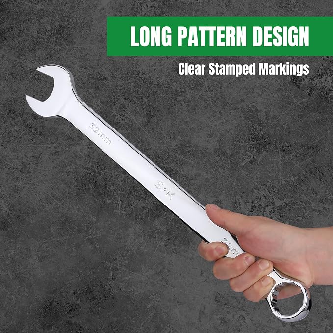 SK Long Pattern Combination Wrench Set, Metric 25 to 32mm, 6-Piece | SuperKrome Finish, Drop Forged Premium CR-V Steel, 12-Point Large Wrenches, 15-Degree Offset, with Rolling Pouch