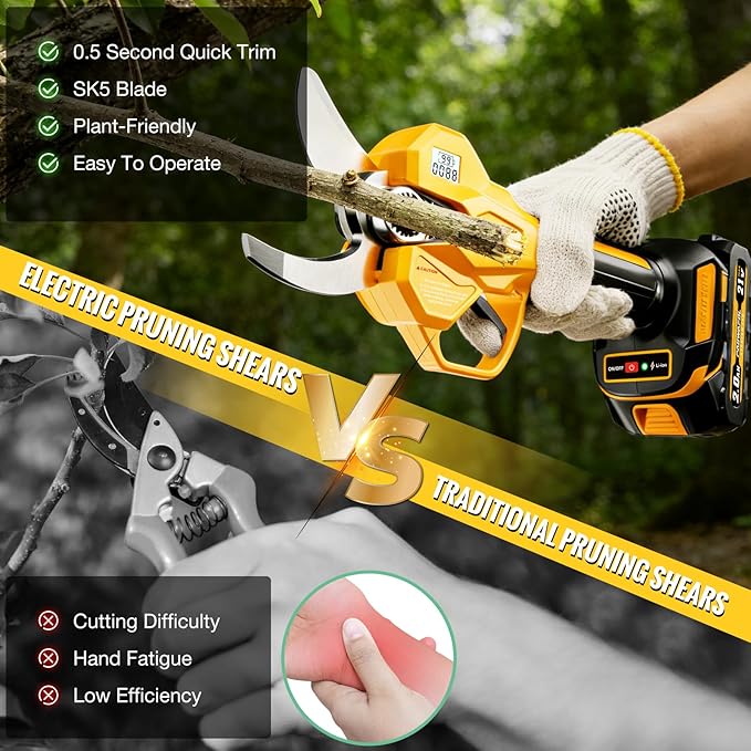 2.05"/ 53mm Electric Pruning Shears, Cordless Electric Scissors LCD Display＆SK7 Blades, 21V Brushless Motor Branch Cutter with 2 PCS Rechargeable 2000mAh Batteries & 2 Blades (Yellow)