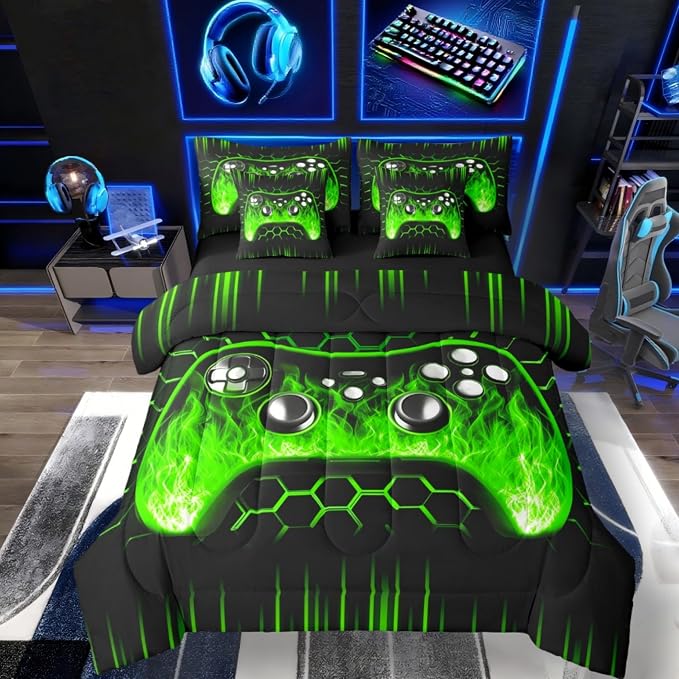 Erosebridal Boys Gaming Bed in a Bag King Size Comforter Set 7 Pieces Ombre Art Honeycomb Bedding Set Green Neon Lights Sheet Set Game Console Bed Set Geometric Hexagon Beehive Gaming Room Decor
