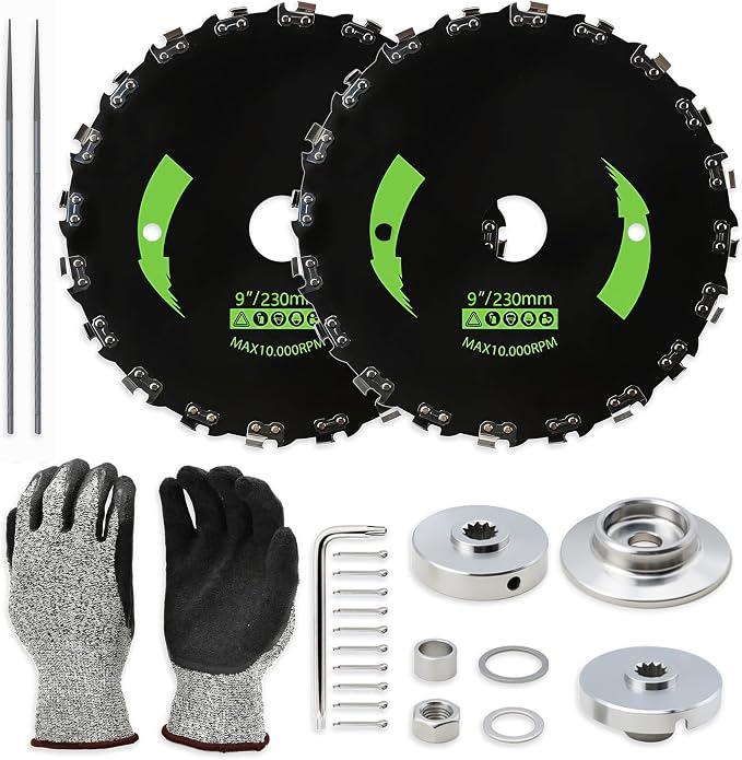 Brush Cutter Trimmer Conversion Kit with 9" x20T Carbon Steel Chainsaw Brush Cutter Blades, Includes, Files, Gloves, Compatible with Echo Models SRM-225, SRM-225i, SRM-266, SRM-280