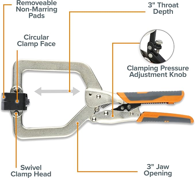 BORA Auto Adjust 3 inch Locking Vise Grip Clamp with Swivel Pads - Heavy Duty Welding Clamps with Comfortable Grips Perfect C Clamp for Woodworking, Welding, and Metalworking