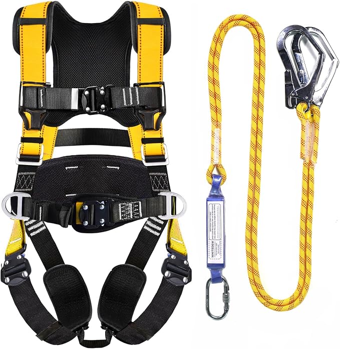 Fall Protection Premium Safety Harness with Shock Absorbing Lanyard, Vented & Padded Shoulder, Legs & Back - Upgrade 4 Quick Buckles (Yellow)