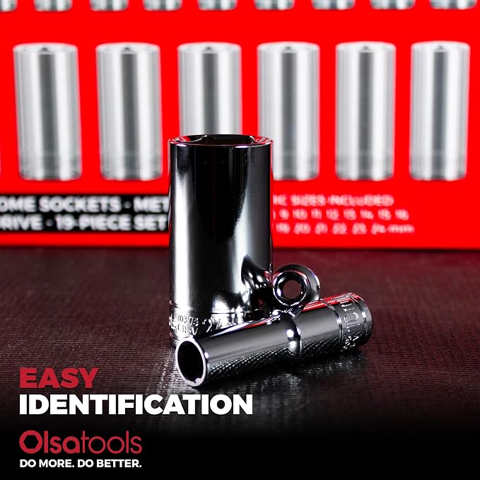 Olsa Tools 3/8-Inch Drive SAE Deep Socket Set - 19pc | 6-Point Chrome Vanadium Sockets, 6 mm to 24 mm, No Skipped Sizes - Professional-Grade SAE Socket Sets - Part: 1809