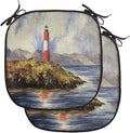 Lunarable Lighthouse Chair Cushion Pads Set of 2, Les Eclaireurs Lighthouse Coastline Seashore Mountains Cliff Painting Effect, Anti-Slip Seat Padding for Kitchen & Patio, 16"x16", Blue Red Green